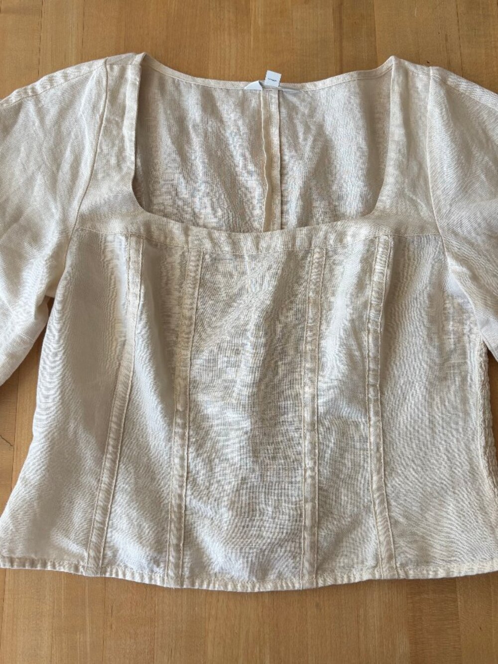 White Creme Banana Republic Linen-Blend Seamed Top Square Neck Smocked Balloon - Picture 9 of 16